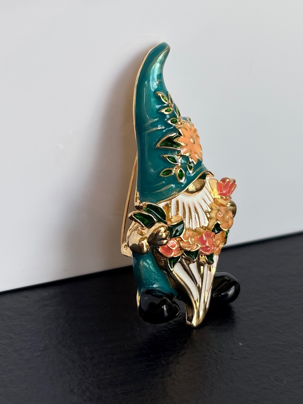 Teal Floral Gnome Enamel Brooch - Picture 2 of 5